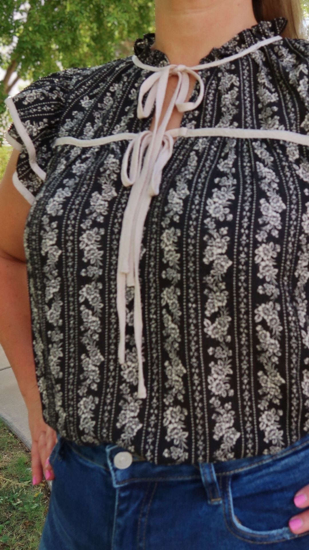 Black Floral Tie Front Top