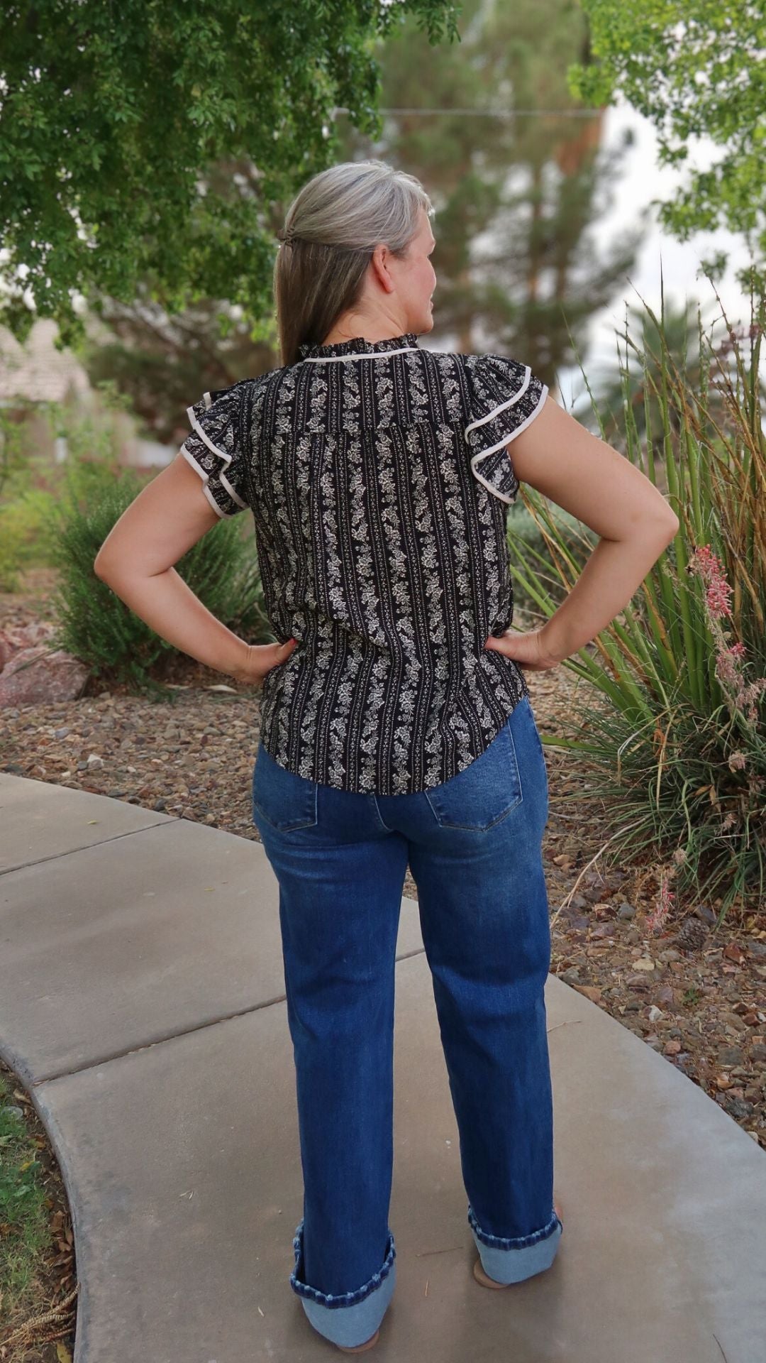 Black Floral Tie Front Top
