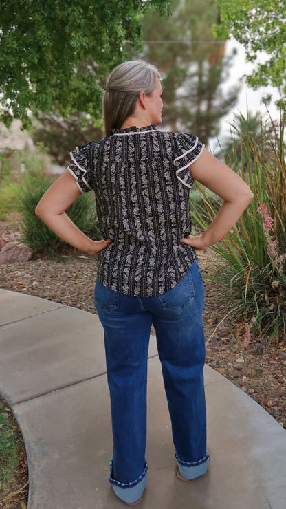 Black Floral Tie Front Top