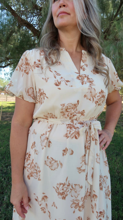 Fall Flowers Light Taupe Midi Dress- Alohi Gold Apparel