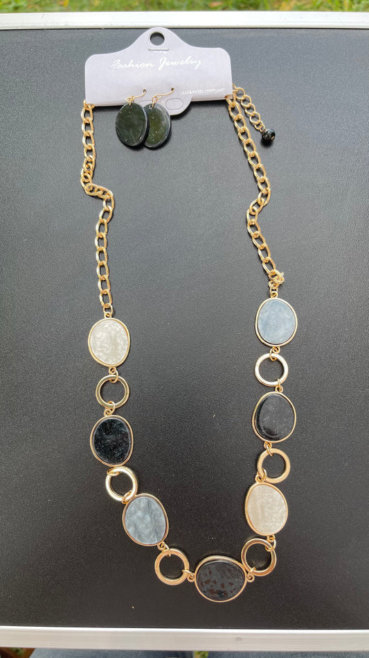 Round Stone Link Necklace and Earing Set