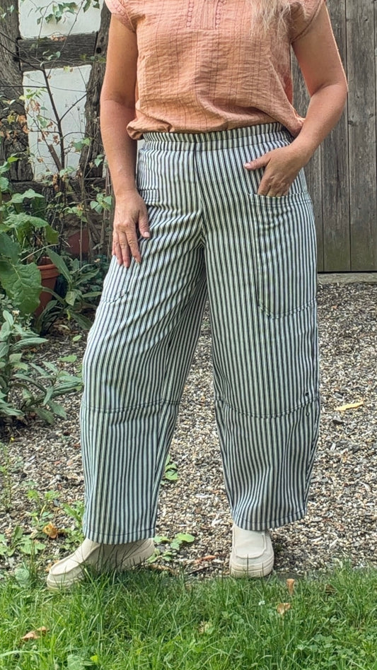 Navy And White Stripe Barrel Pants- Alohi Gold Apparel 