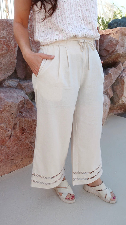 Decorative Trim Linen Crop Pants- Alohi Gold Apparel