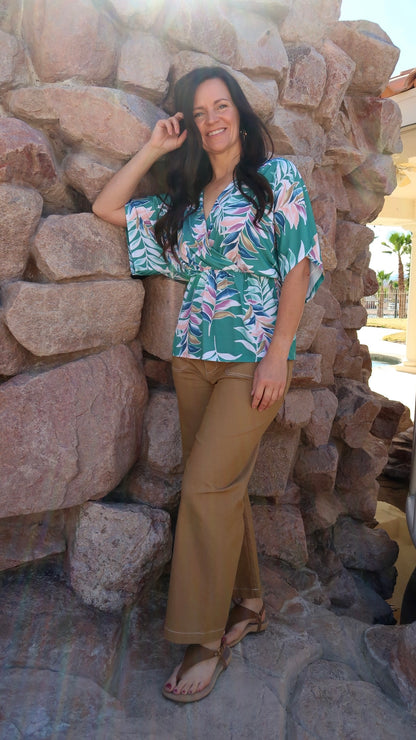 Tropical Rainbow- Kimono Sleeve- Faux Wrap Top- Alohi Gold Apparel