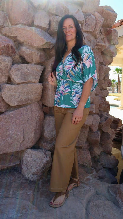 Tropical Rainbow- Kimono Sleeve- Faux Wrap Top- Alohi Gold Apparel
