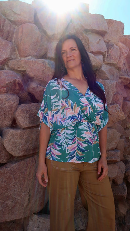 Tropical Rainbow- Kimono Sleeve- Faux Wrap Top- Alohi Gold Apparel