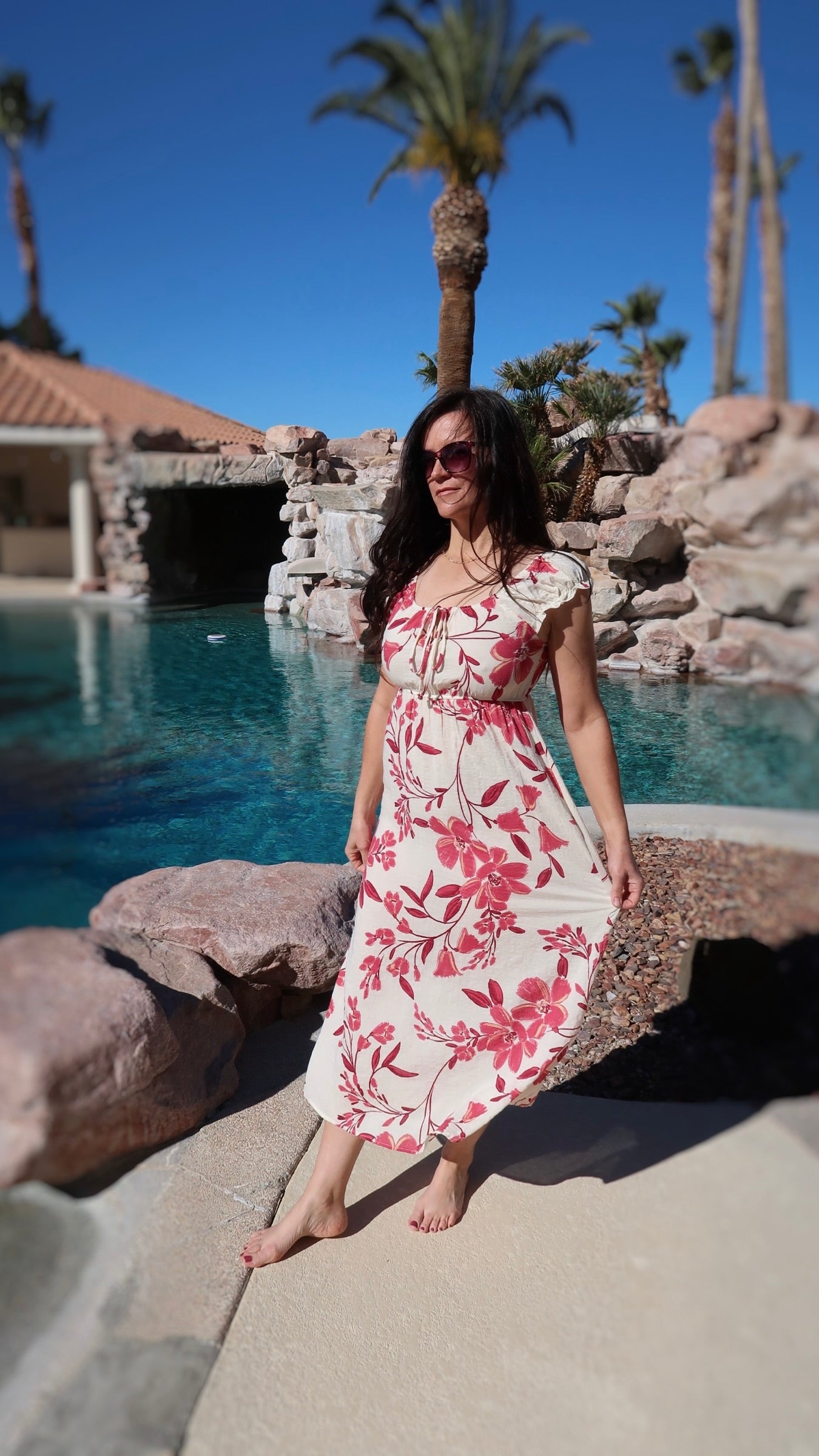 Hibiscus Print Midi Beach Dress- Alohi Gold Apparel
