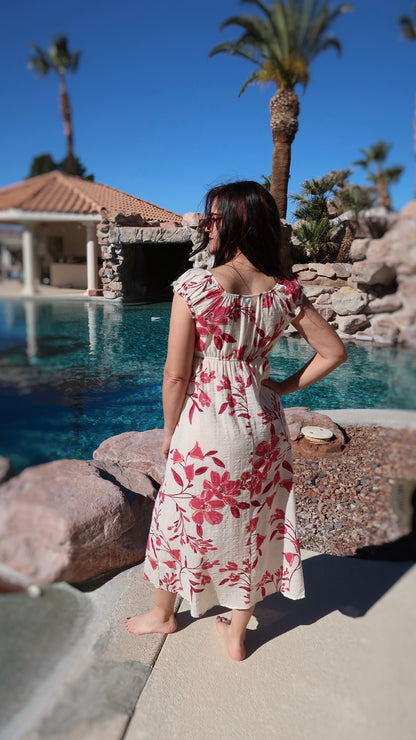 Hibiscus Print Midi Beach Dress- Alohi Gold Apparel