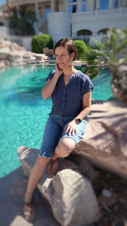 Pacific Sea Blue Button Down Top