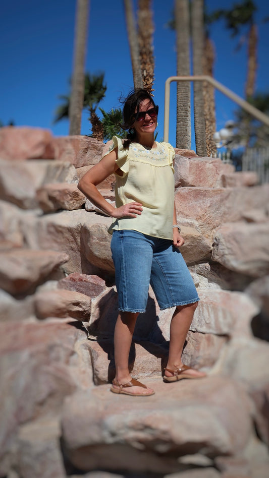 Floral Embroidery Ruffle Sleeve Top