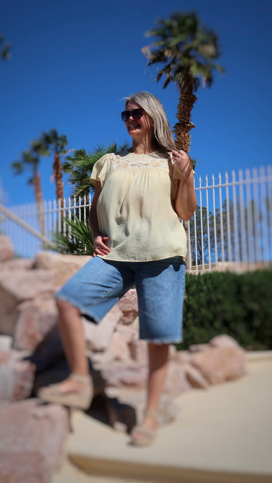 Plus Floral Embroidery Ruffle Sleeve Top