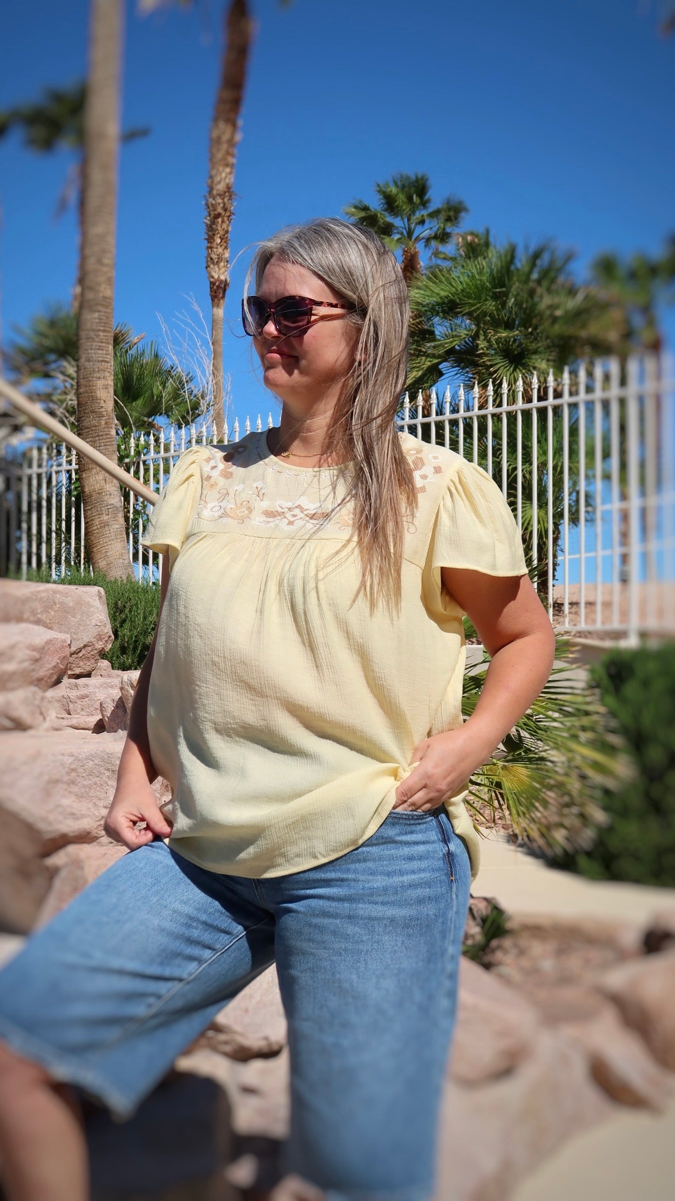 Plus Floral Embroidery Ruffle Sleeve Top
