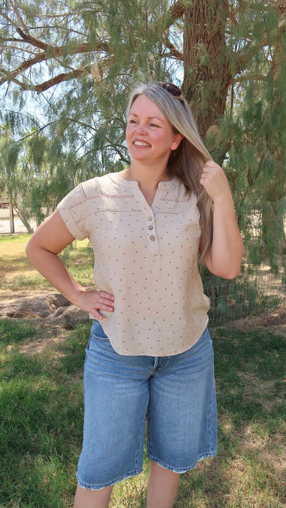 Polka Dot Half Button Top- Alohi Gold Apparel 