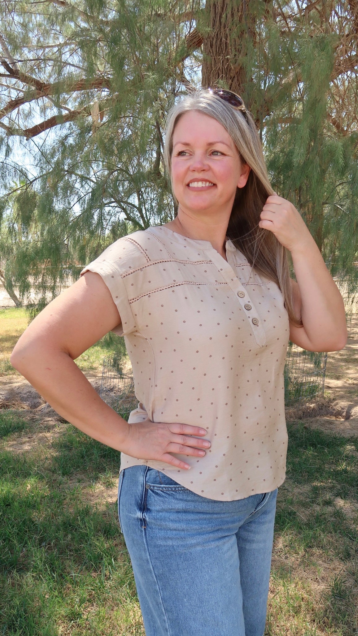 Polka Dot Half Button Top- Alohi Gold Apparel 