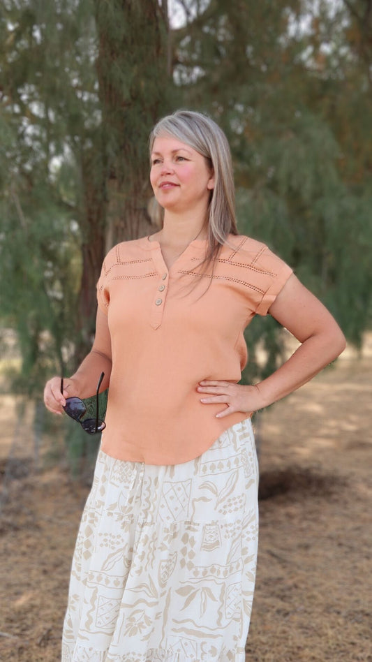 Short Sleeve Henley Blouse- alohi Gold apparel