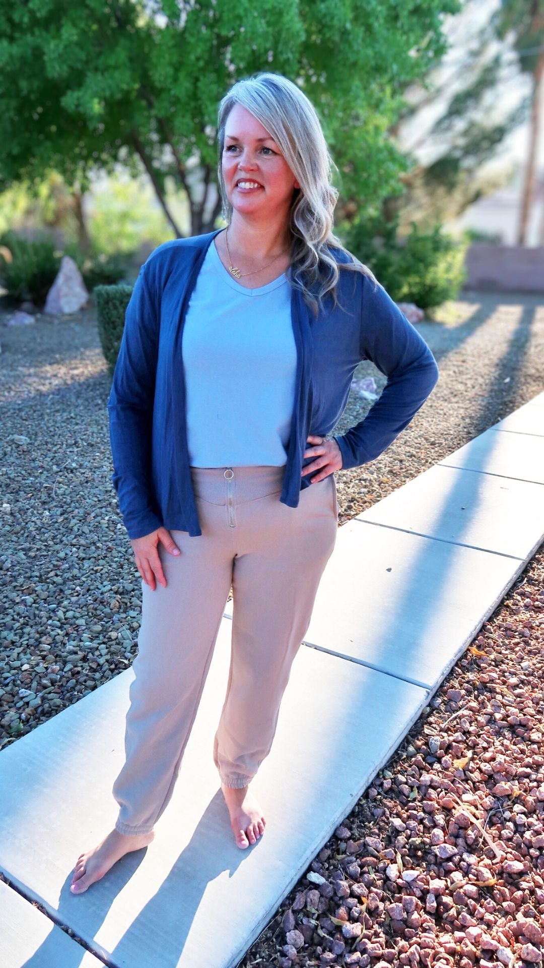 Women’s navy open front cardigan- alohi gold apparel