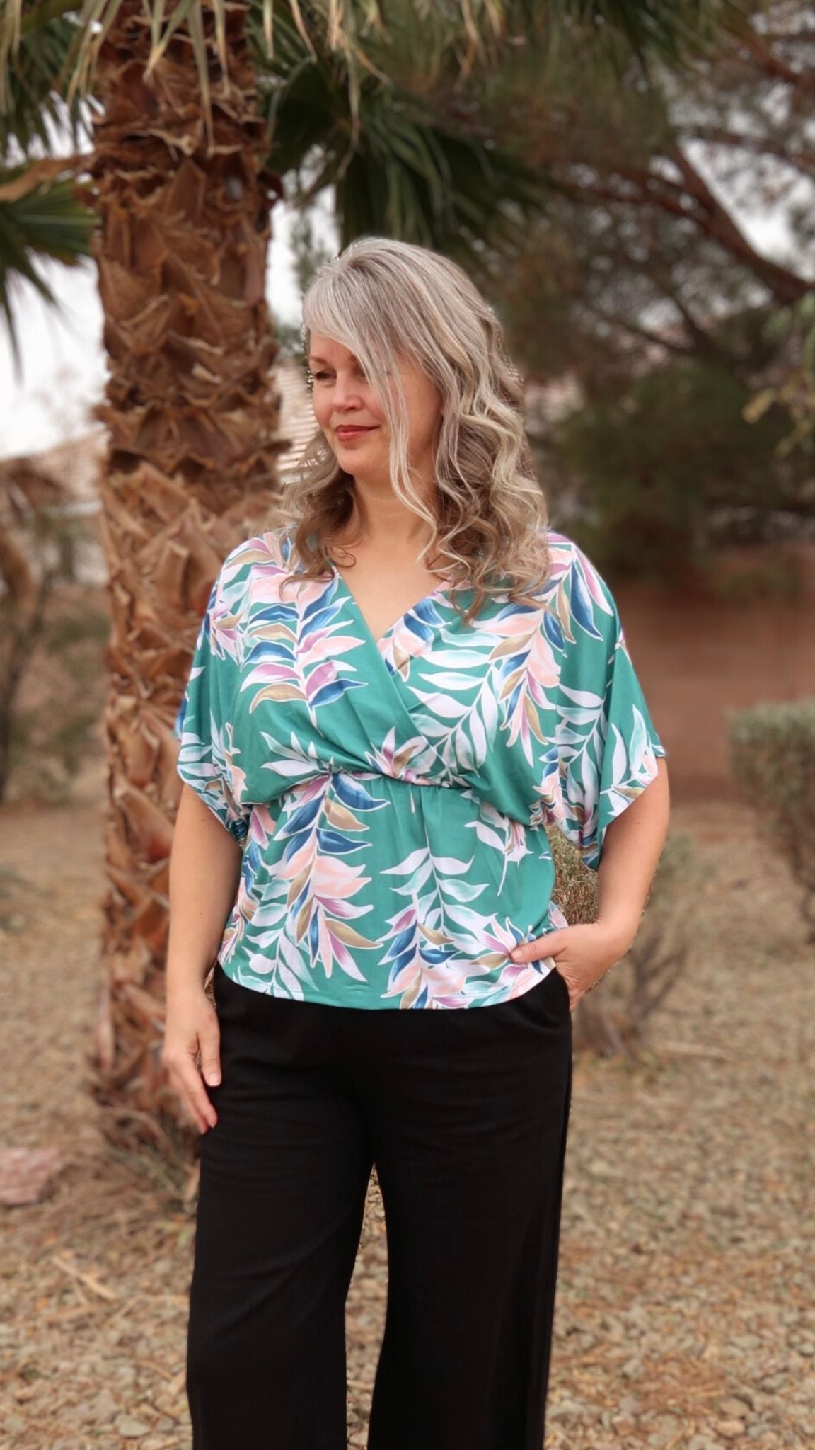 Tropical Rainbow- Kimono Sleeve- Faux Wrap Top