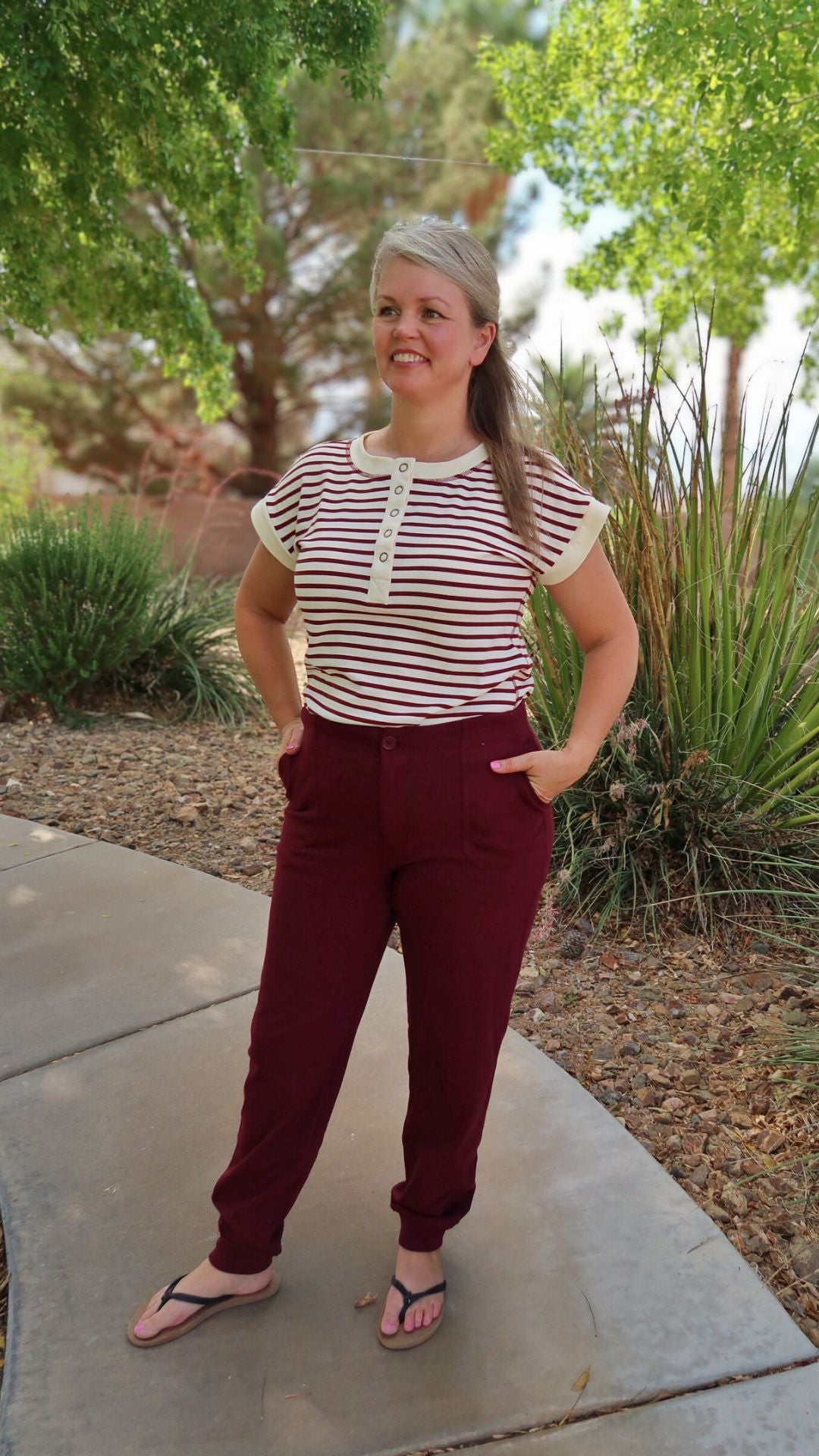 Wine Stripe Henley Top- Alohi Gold Apparel