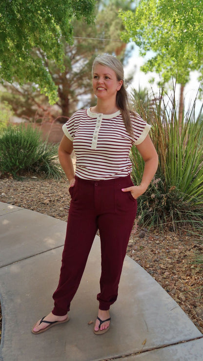 Wine Stripe Henley Top- Alohi Gold Apparel