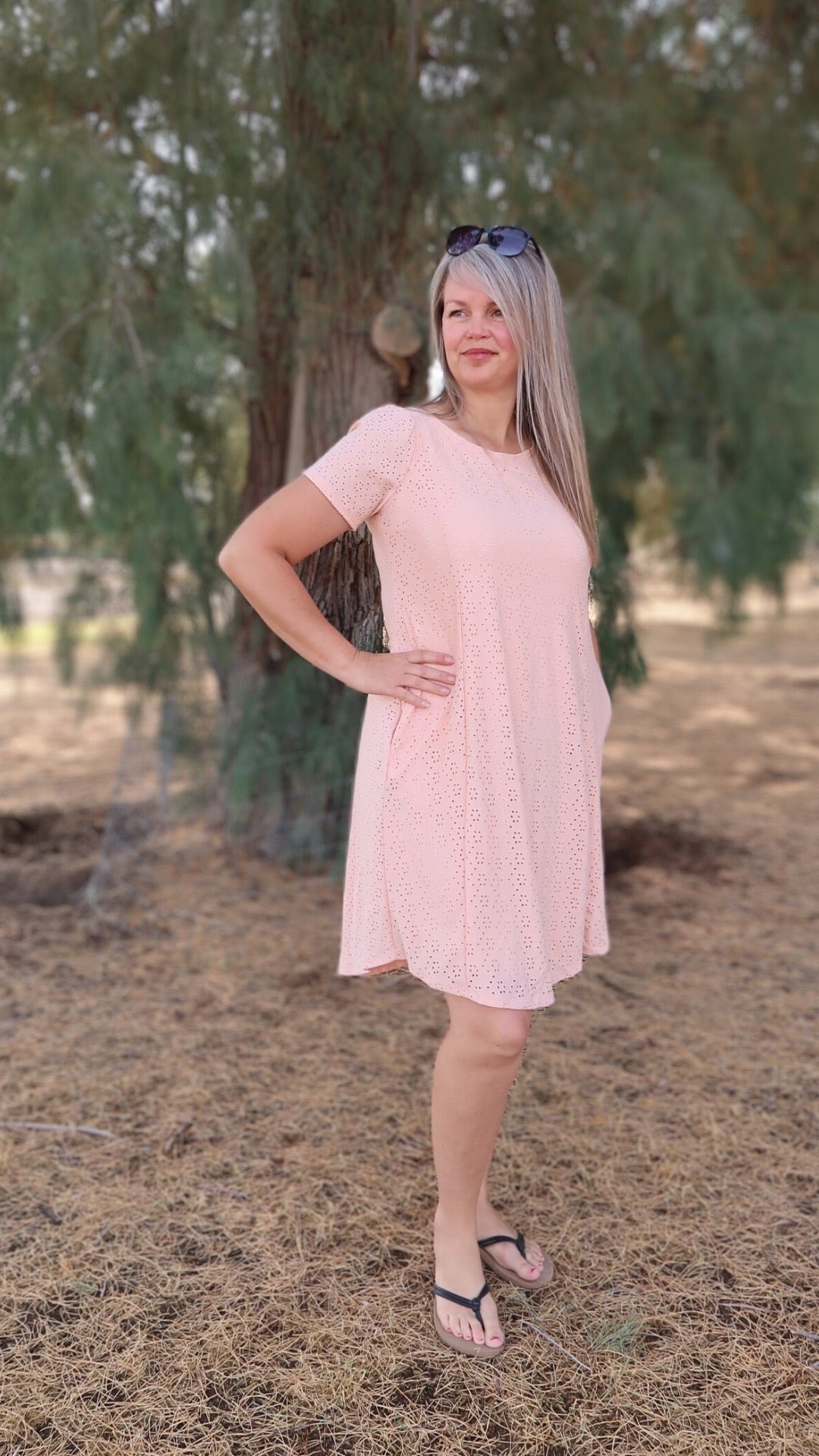 Stretch Eyelet Knee Length Dress- alohi Gold apparel