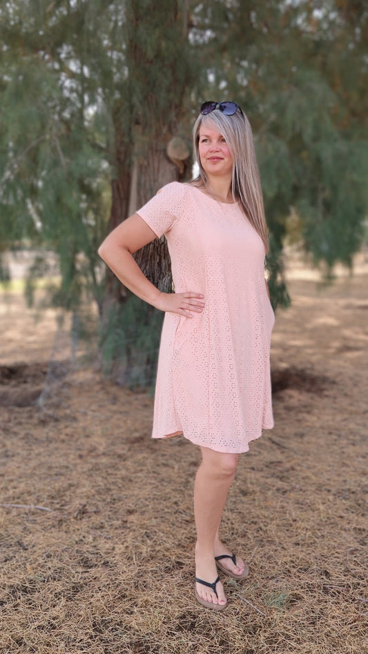 Stretch Eyelet Knee Length Dress- alohi Gold apparel