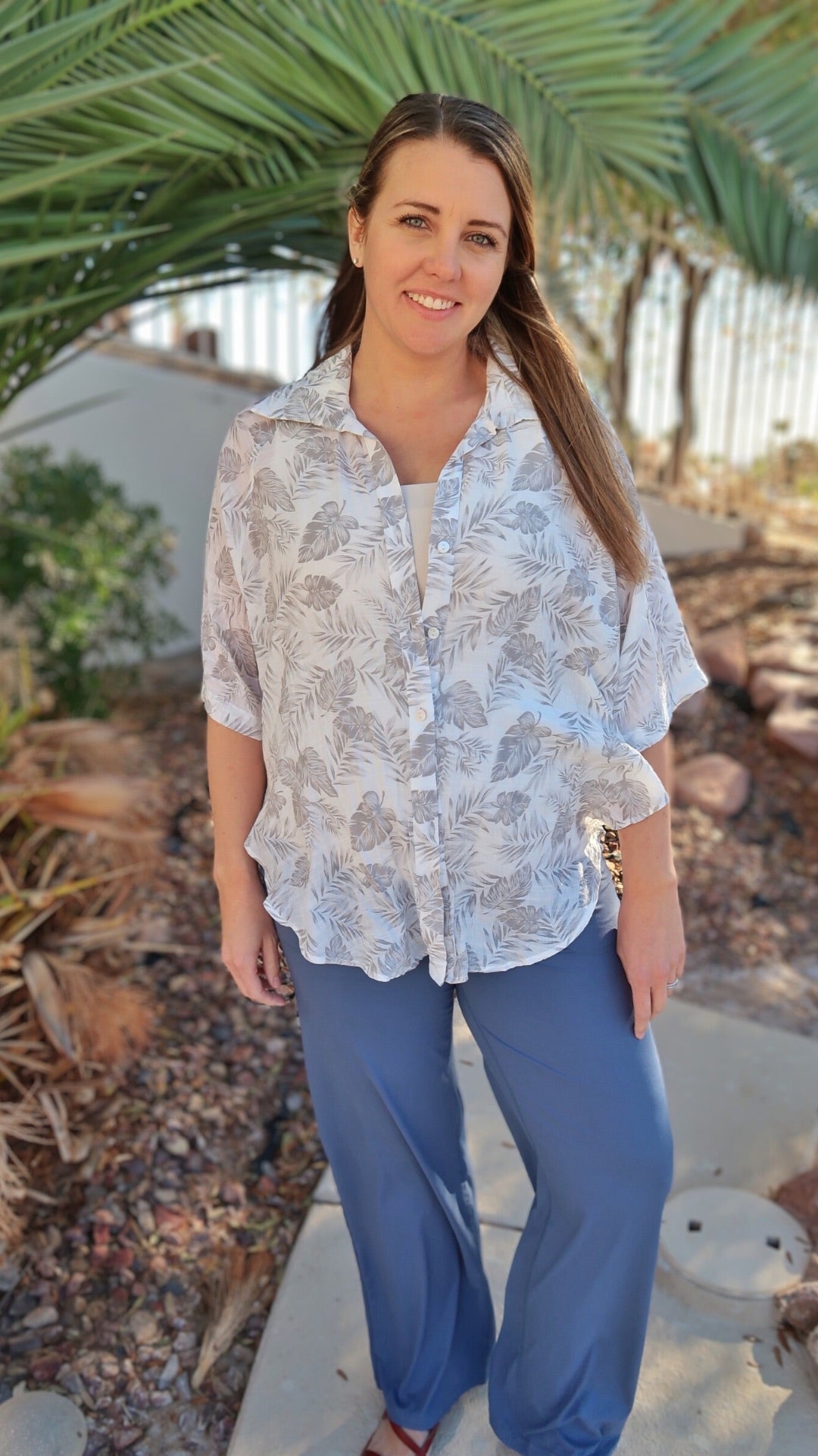 Tropical Leaf Button Down Top- alohi gold apparel 