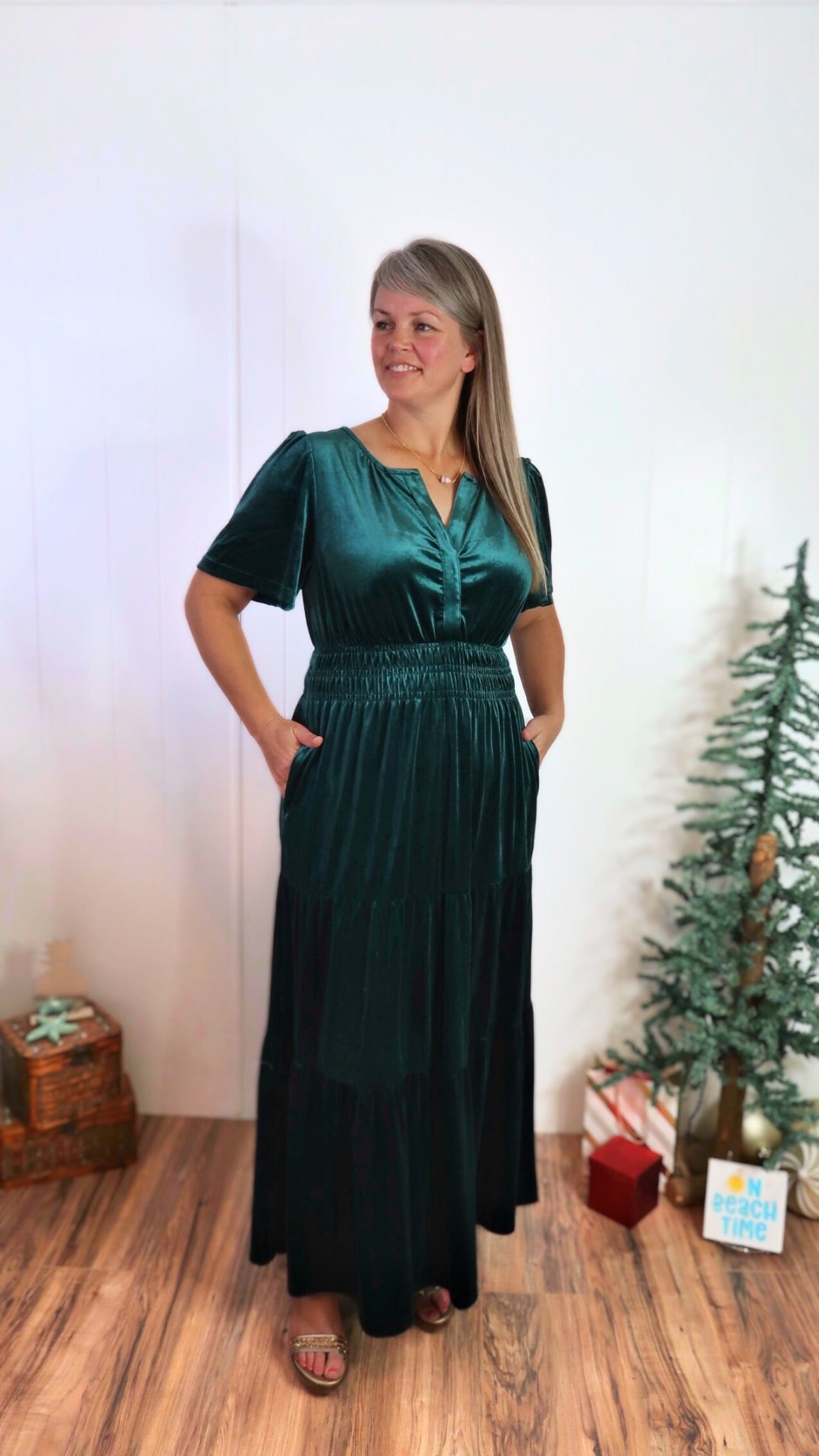 Emerald Velvet Maxi Dress- Alohi Gold Apparel 