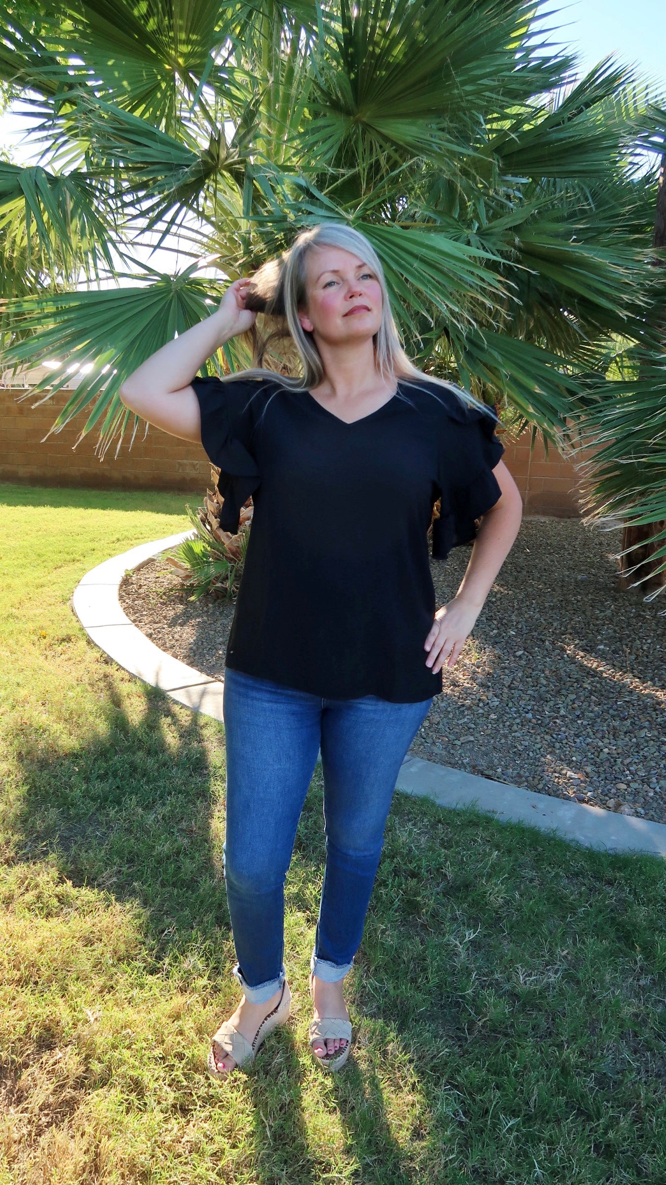 Black Ruffle Sleeve Top