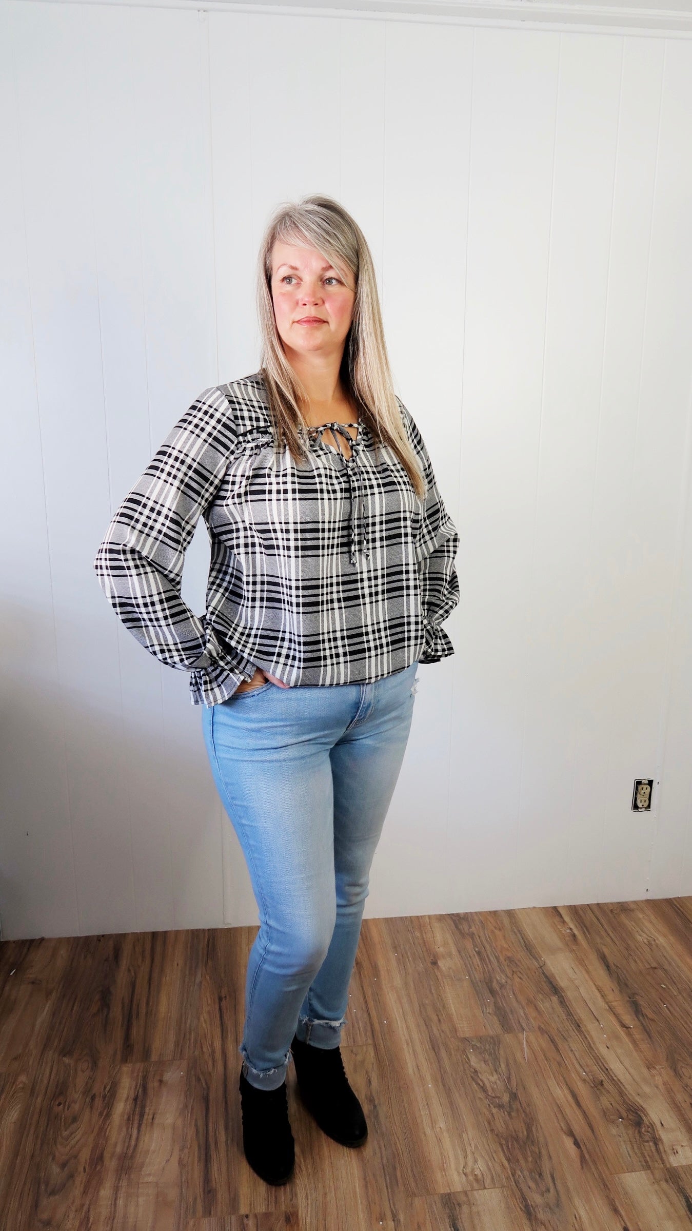 Black and White Plaid Long Sleeve Top-Alohi Gold Apparel 
