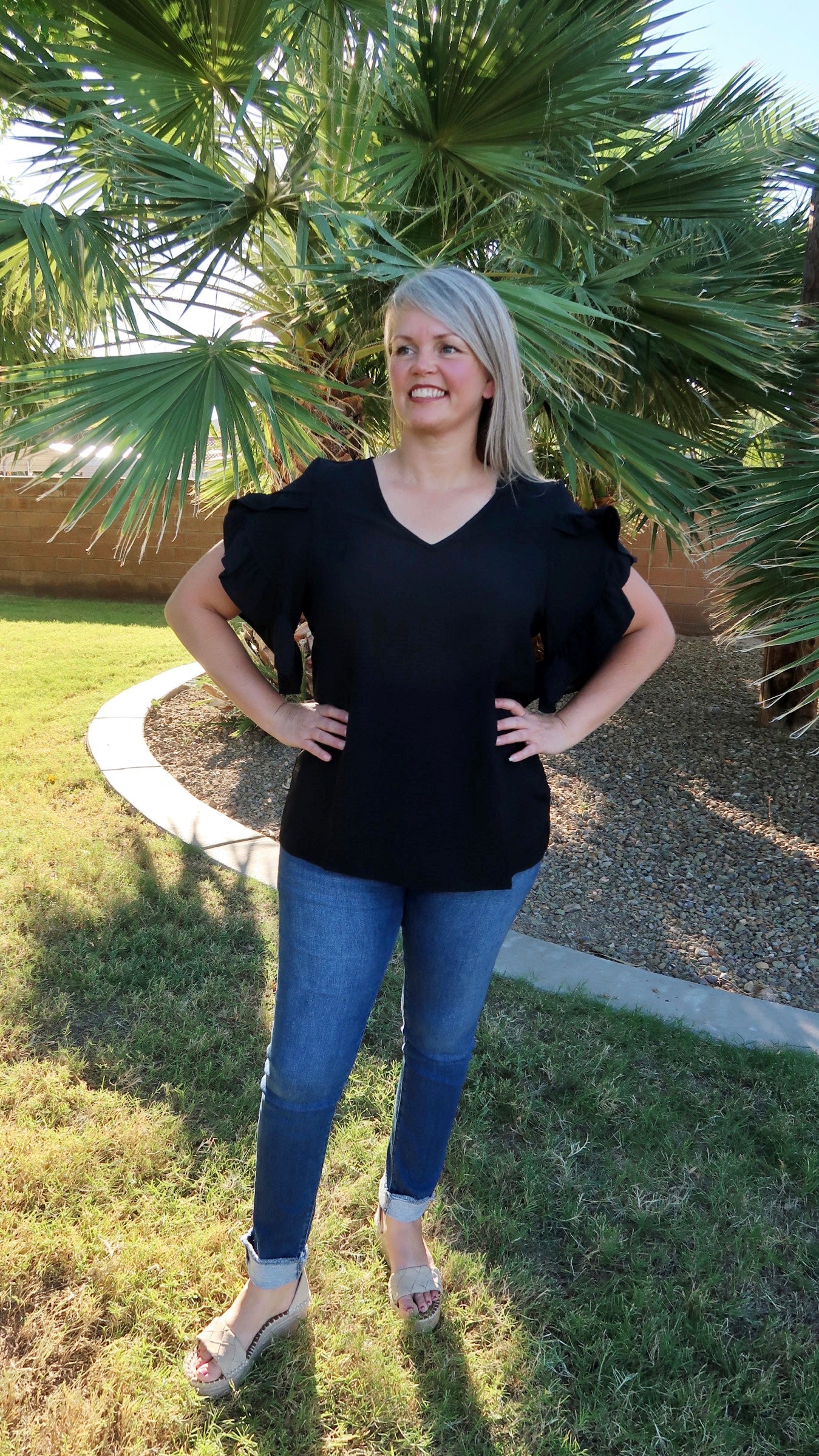 Black Ruffle Sleeve Top